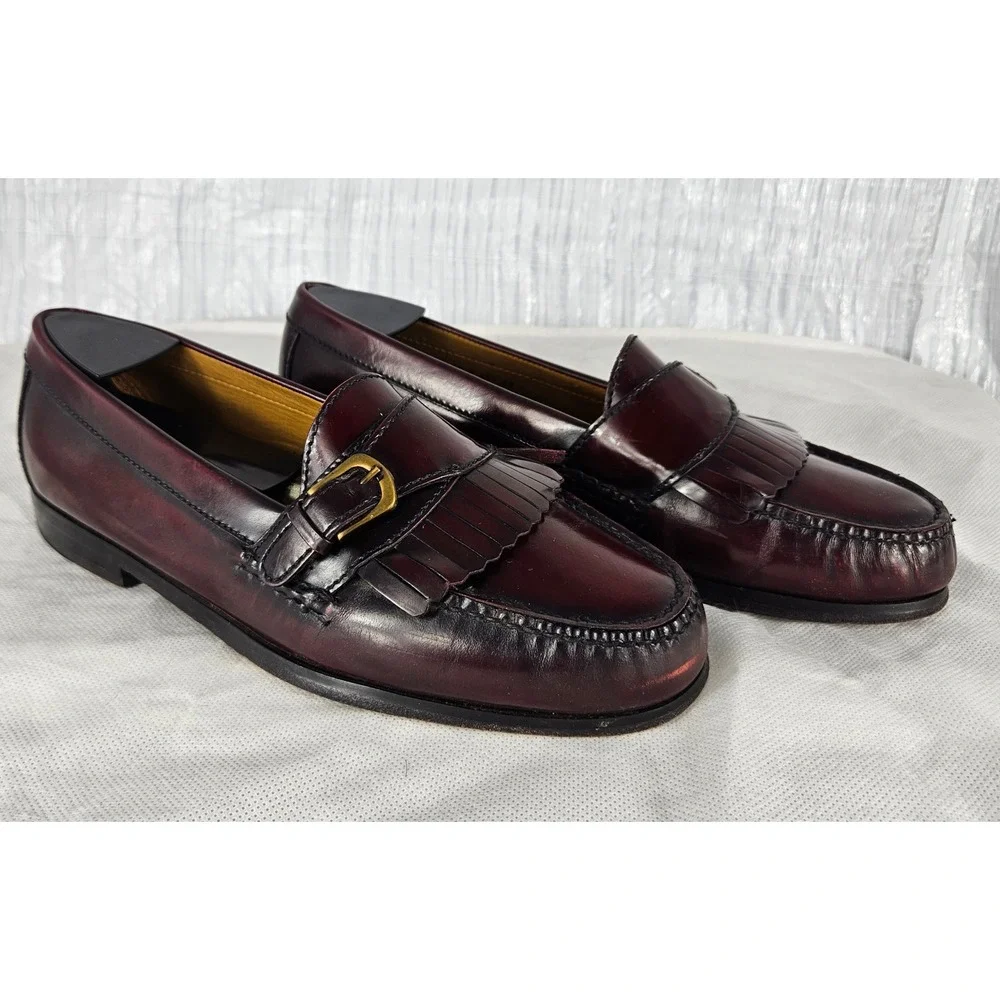 Cole Haan Men's 9D Burgundy Leather Kiltie Penny Loafers Pinch Buckle Fringe